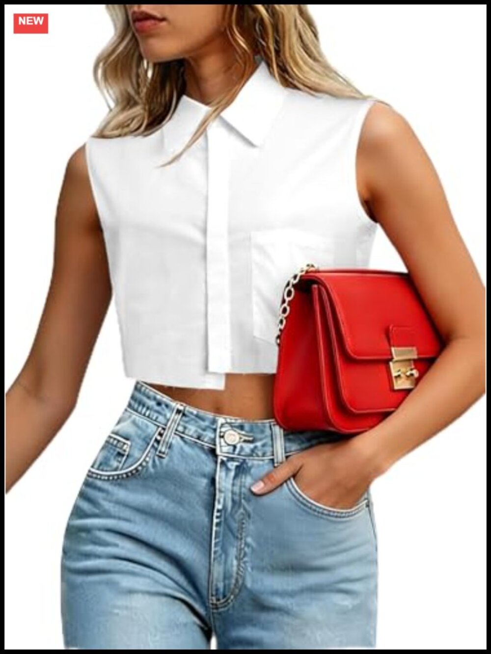 Sleeveless Cropped Button Down Shirt Asymmetrical Hem Blouse